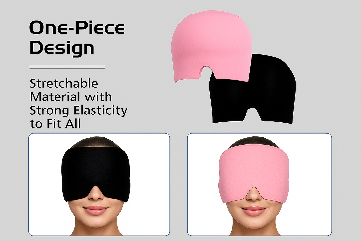 Pink and black sleep masks with stretchable material on a gray background