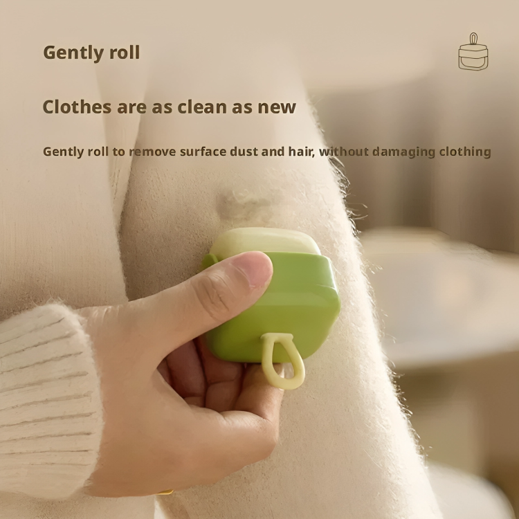 Hand holding a green fabric roller against a blurred background with text about its use.