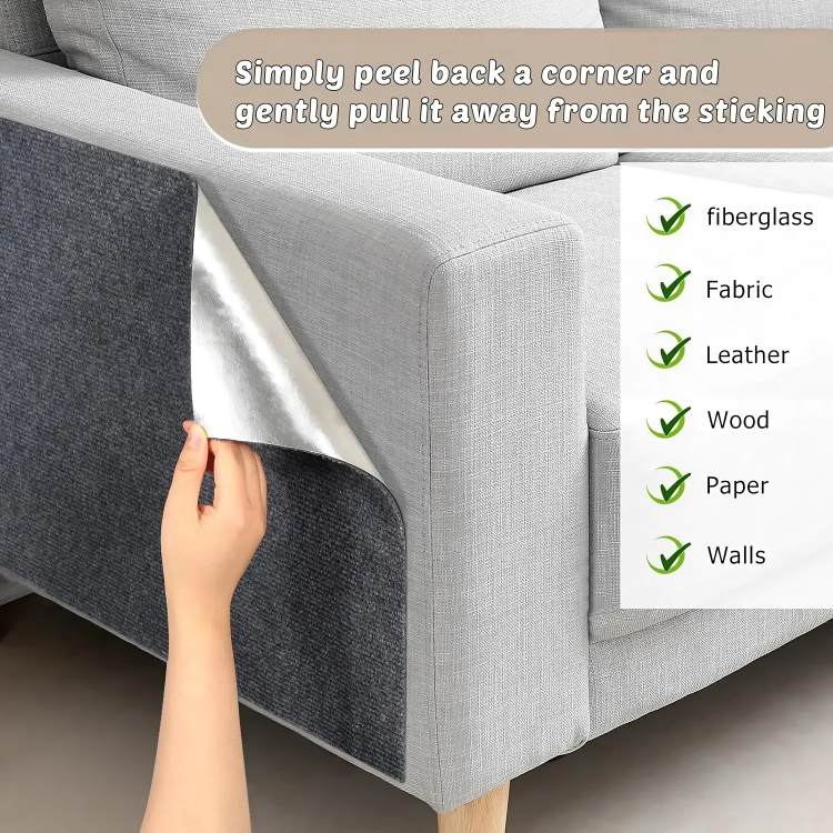Sofa with a protective cover being peeled back, showing compatibility with various surfaces.