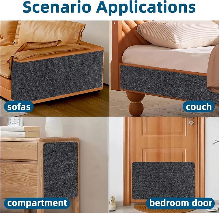 Collage of a gray rug being used on various surfaces including sofas, couches, compartments, and bedroom doors.