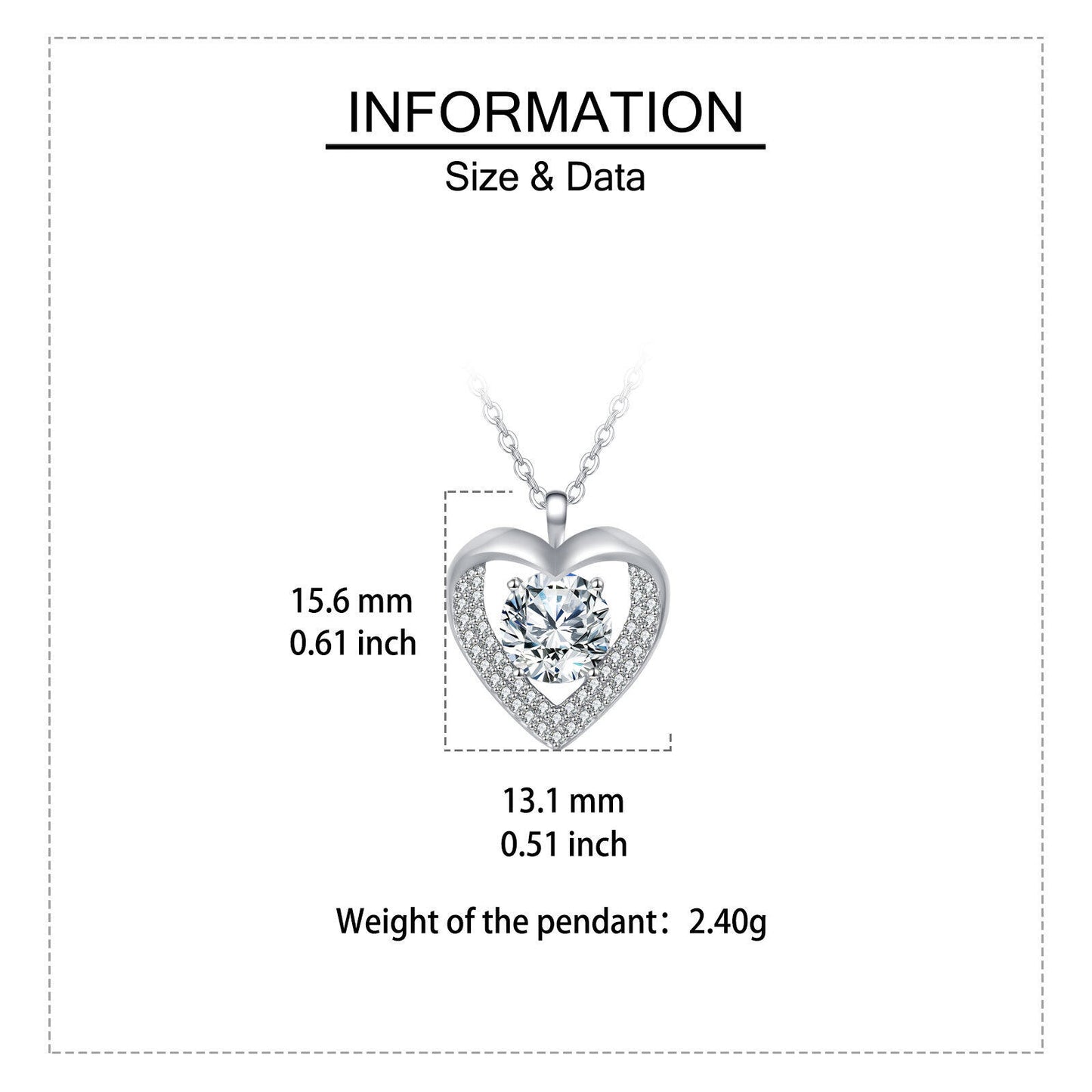 Heart-shaped pendant with size and data information on a white background