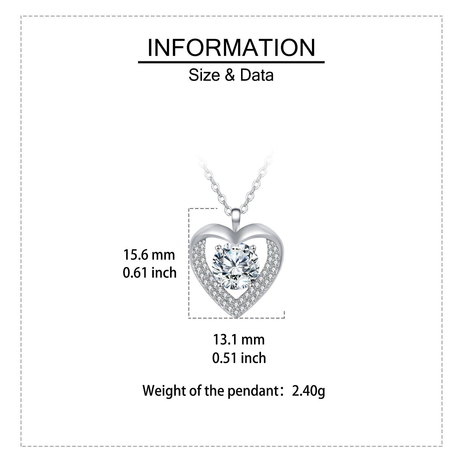 Heart-shaped pendant with size and data information on a white background