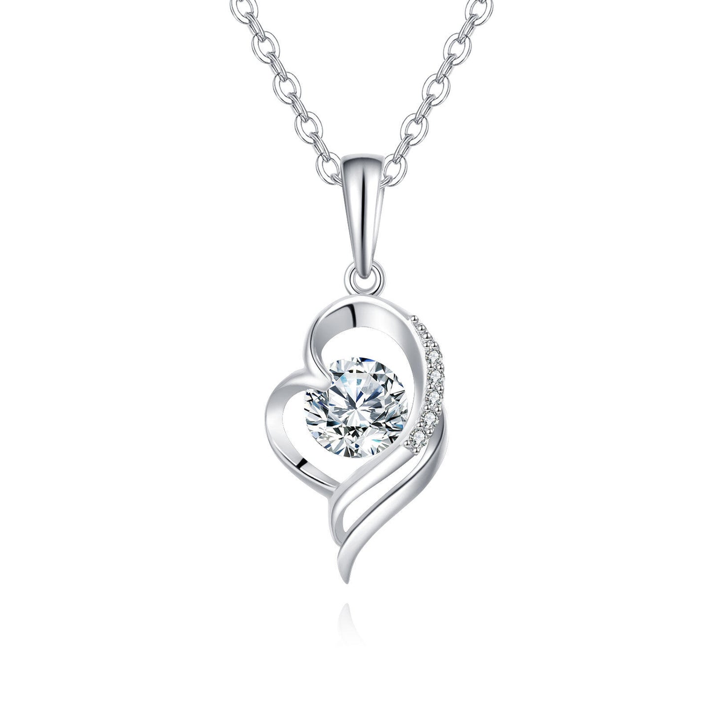 Silver heart-shaped pendant necklace on a white background