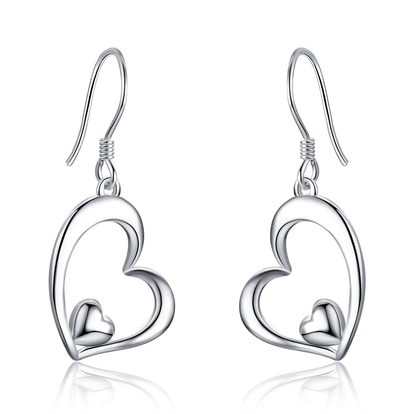 Silver heart-shaped earrings on a white background