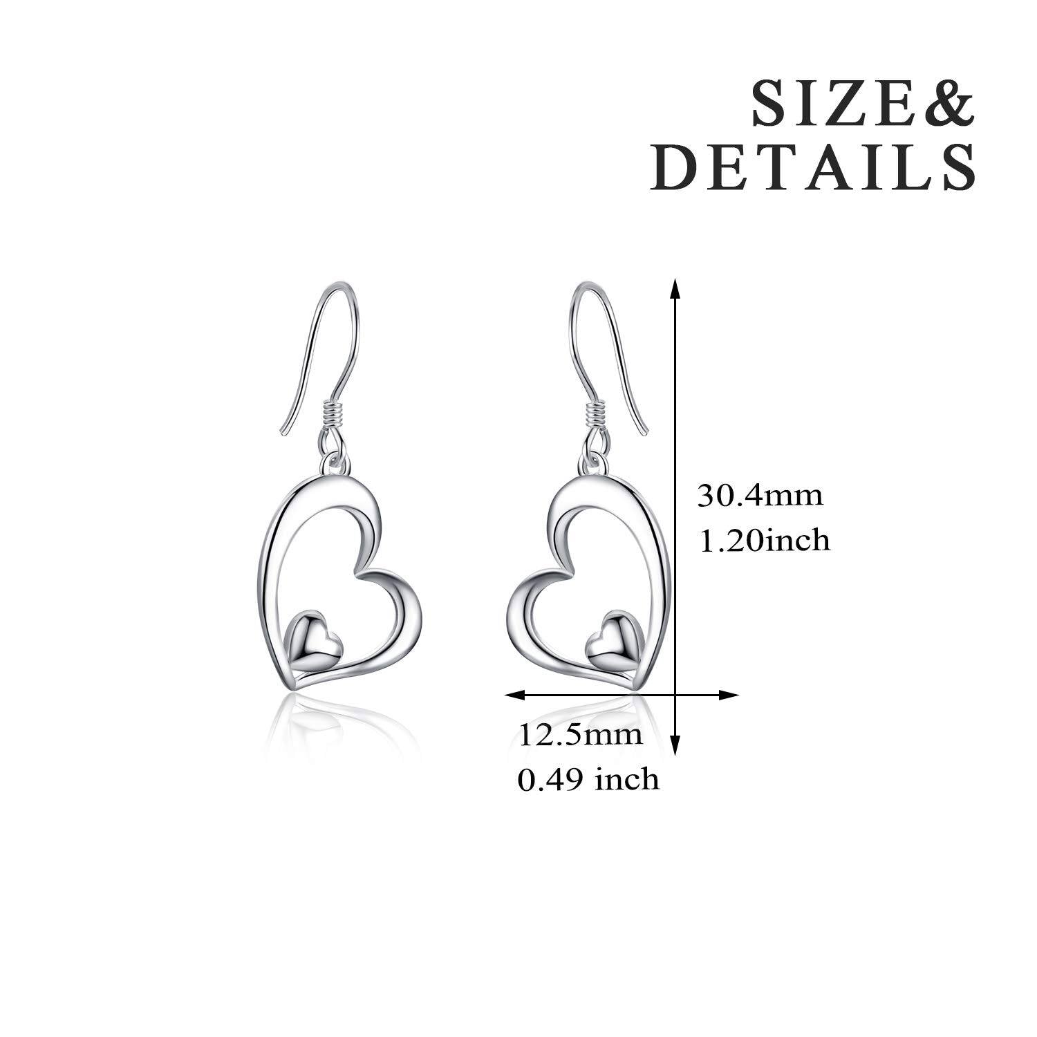 Heart-shaped earrings with size and detail measurements on a white background