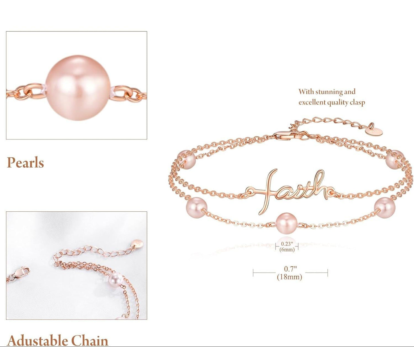 Rose gold bracelet with pearls and 'Faith' charm on a white background