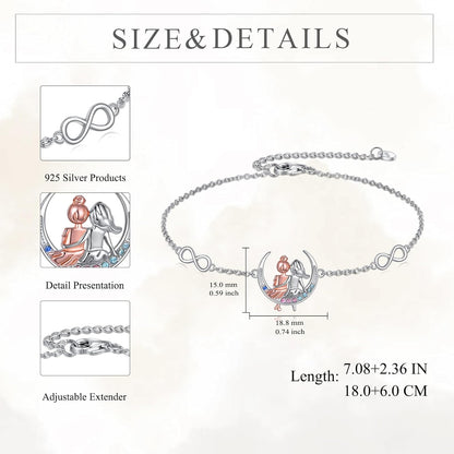 Silver bracelet with detailed design and size information on a light background