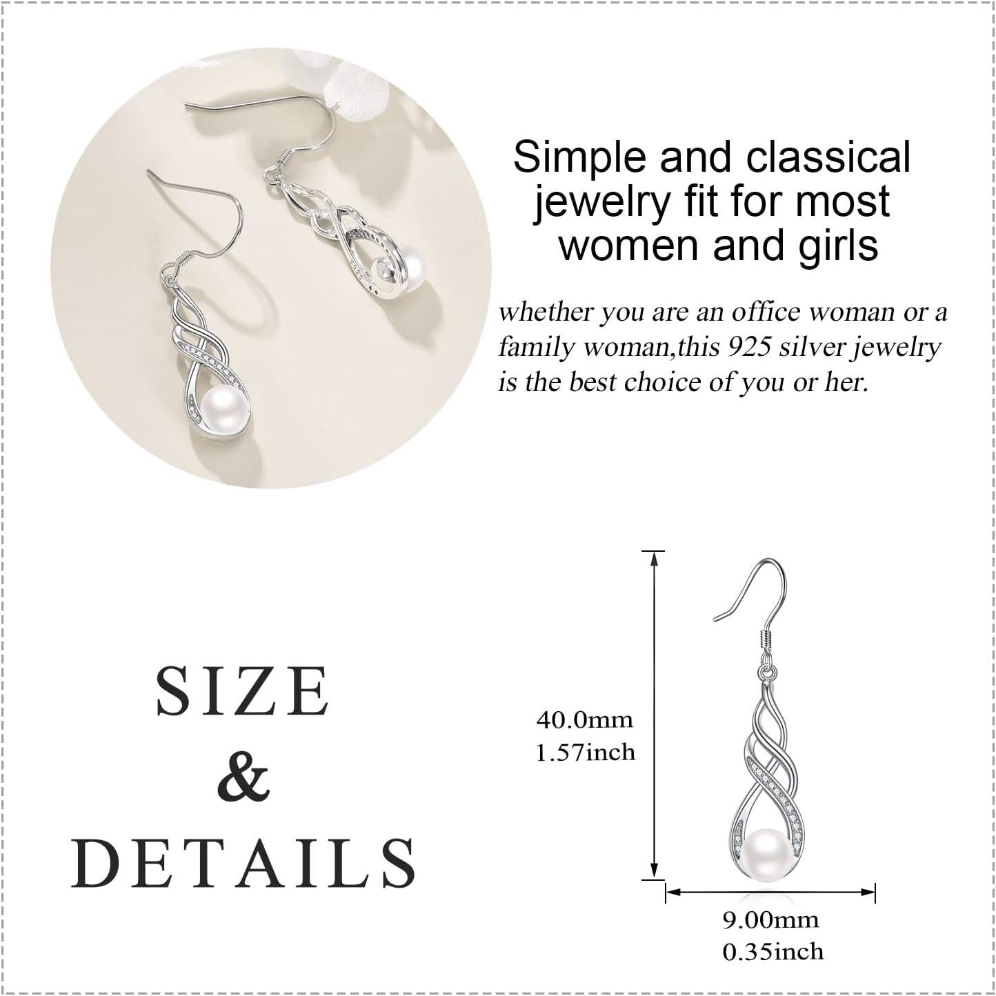 Silver earrings with a pearl on a beige background, accompanied by text about the jewelry's suitability for women and girls.