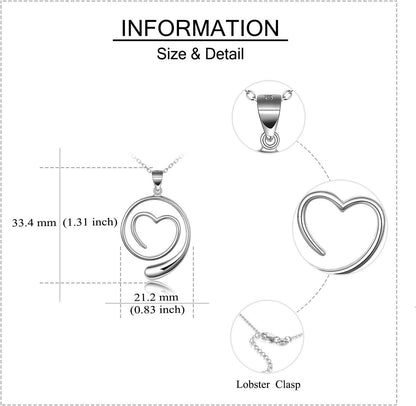 Heart-shaped pendant with measurements and clasp details on a white background