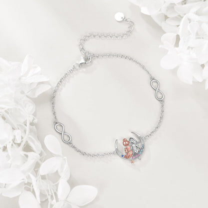 Silver bracelet with heart and infinity symbol on a white background