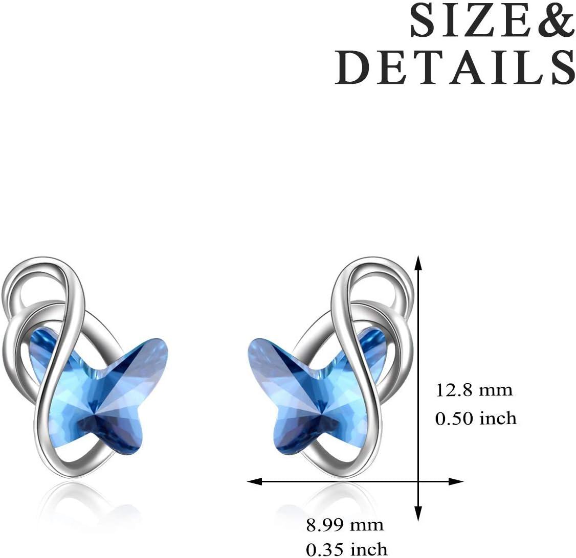 Silver earrings with blue heart-shaped stones and size details on a white background