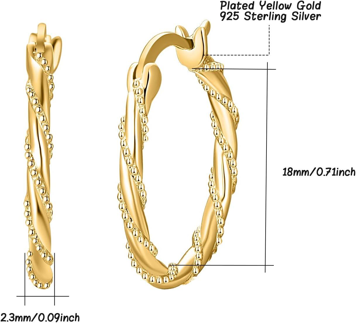 Gold hoop earrings with measurements on a white background