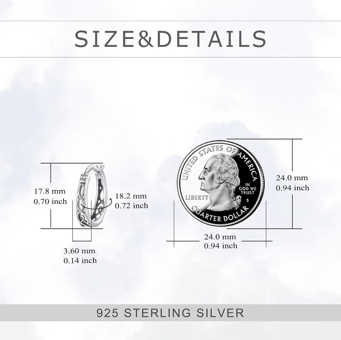 Silver ring size chart with a quarter coin for scale on a white background