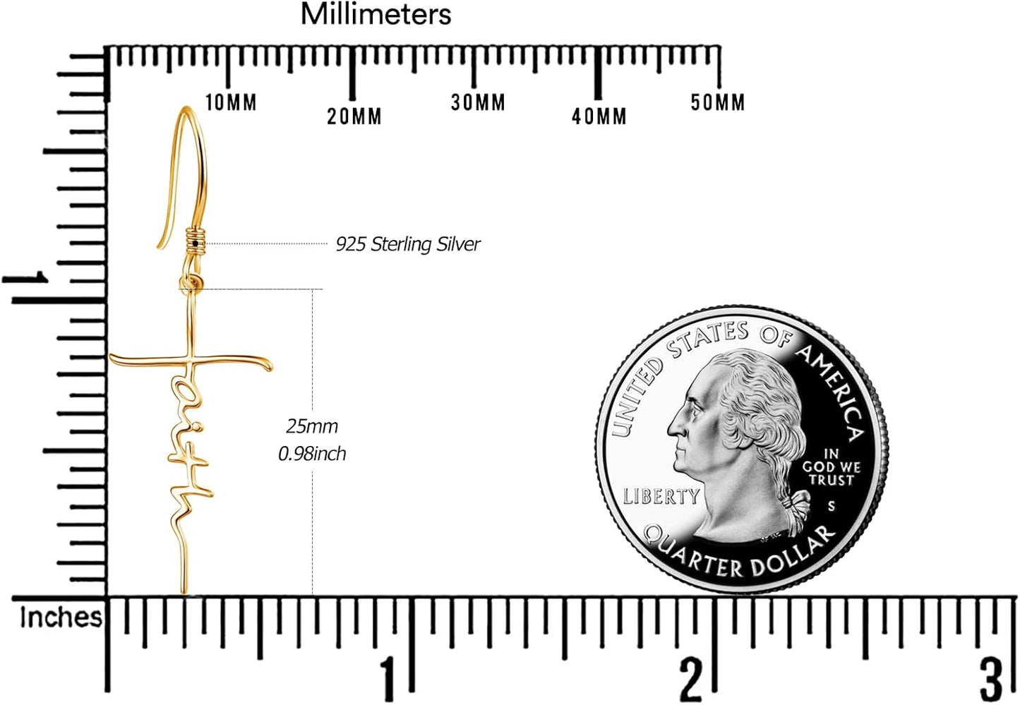 Gold earring next to a quarter dollar coin for size comparison on a white background with a ruler.