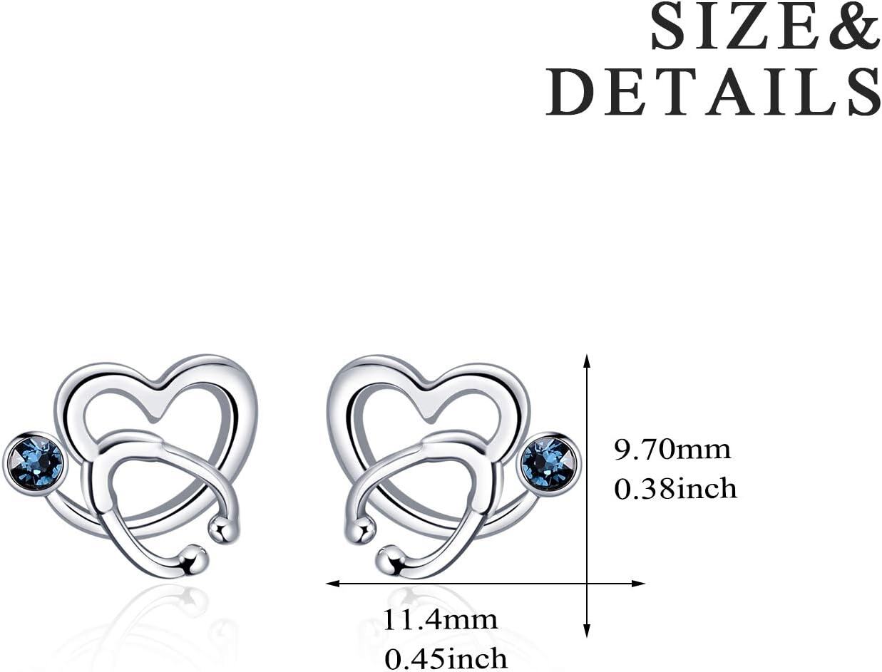 Heart-shaped earrings with blue gemstones and size details on a white background