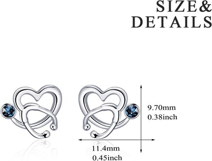 Heart-shaped earrings with blue gemstones and size details on a white background