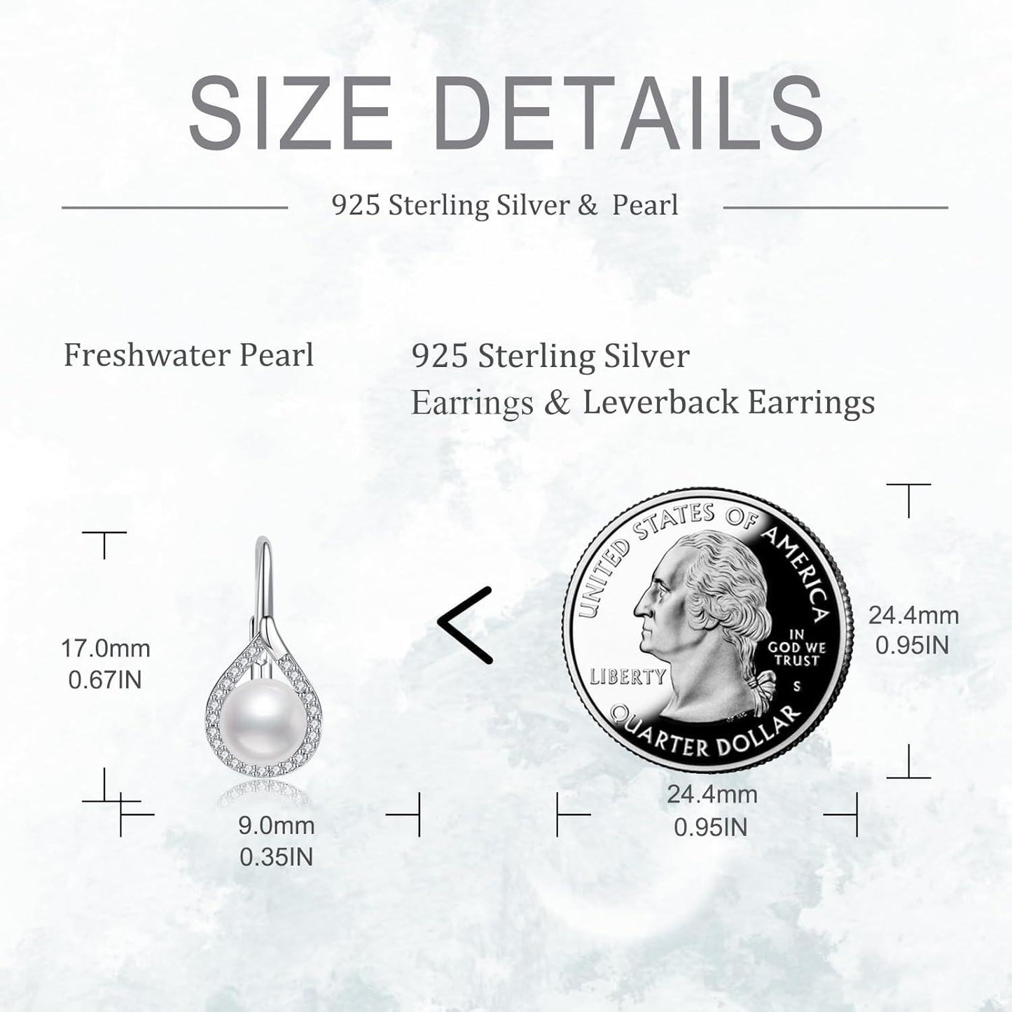 Size comparison of 925 Sterling Silver & Pearl earrings with a quarter dollar coin on a light gray background.