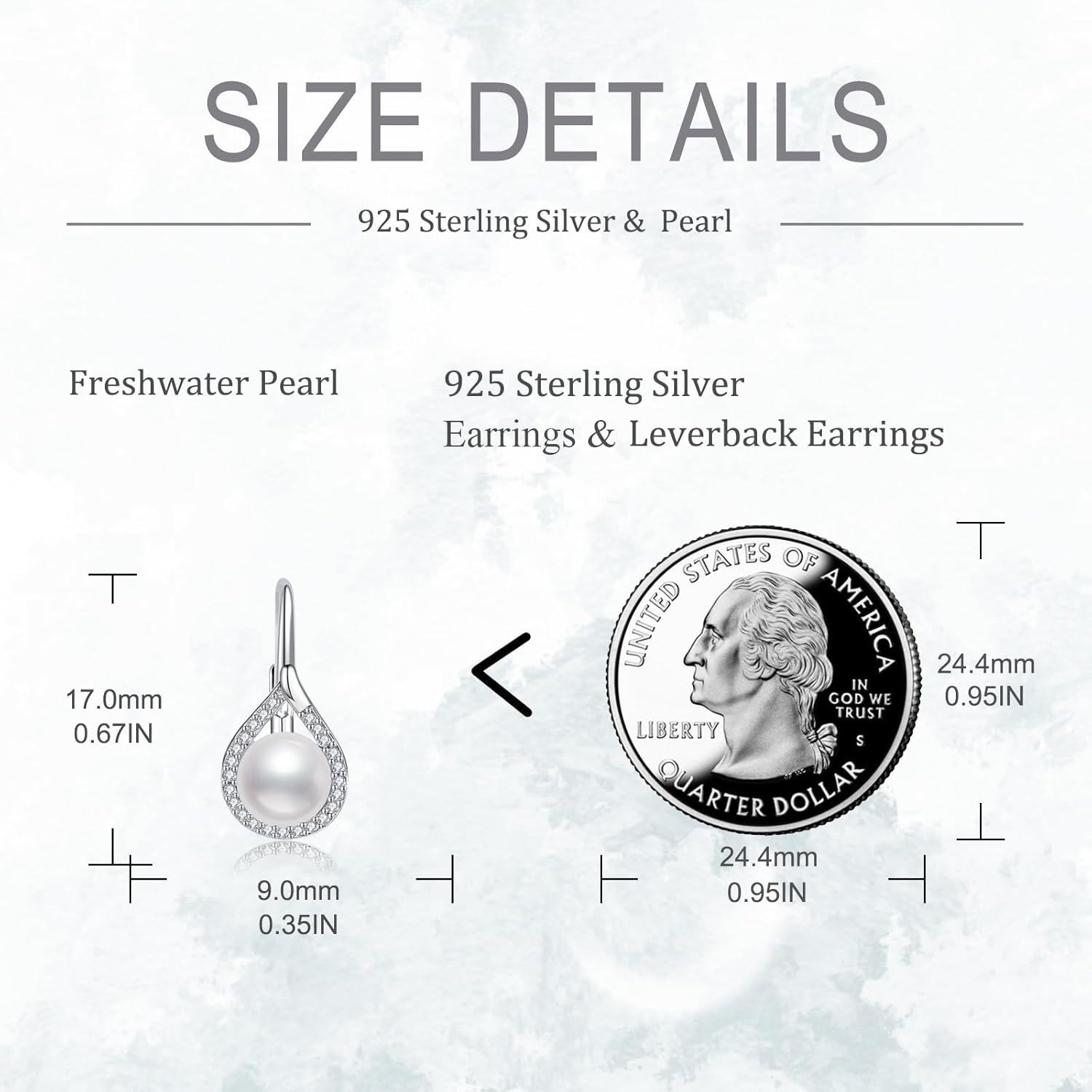 Size comparison of 925 Sterling Silver & Pearl earrings with a quarter dollar coin on a light gray background.