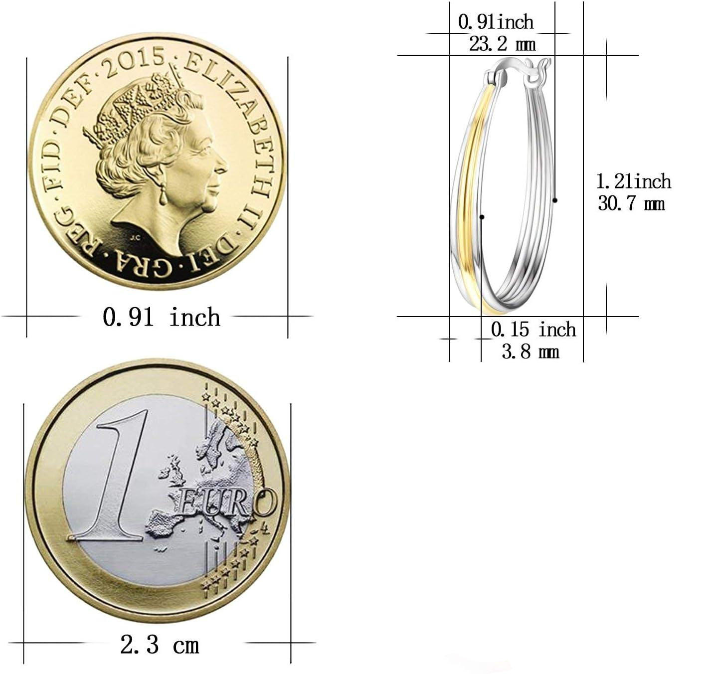 Gold hoop earrings with measurements compared to a Euro coin and British coin.