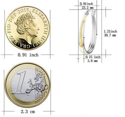Gold hoop earrings with measurements compared to a Euro coin and British coin.