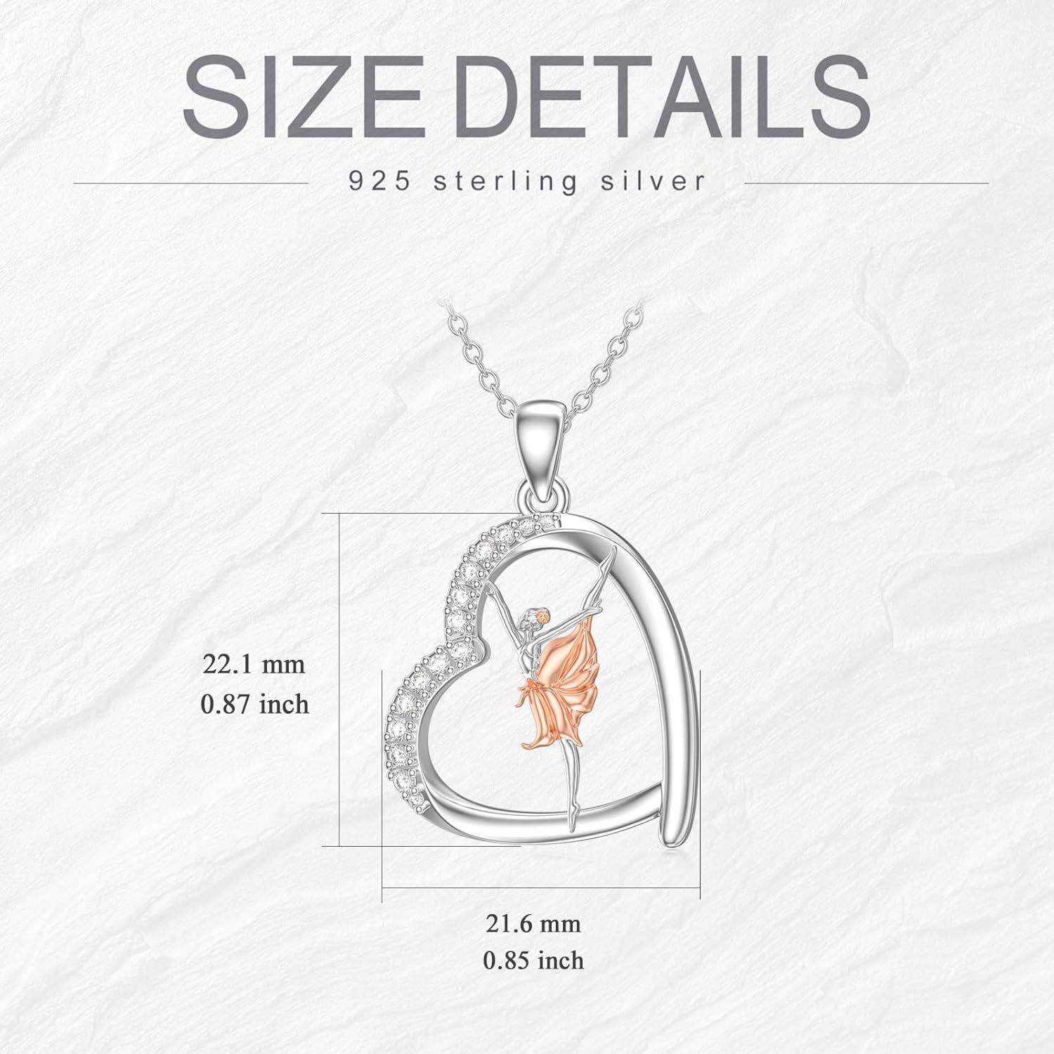 Silver necklace with a butterfly pendant and size details on a white background