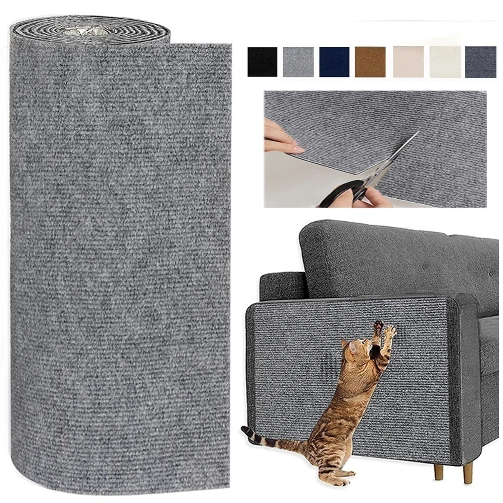 Roll of gray carpet with a cat climbing over a sofa, scissors, and color swatches.