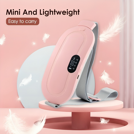 CrampRelief Pro mini lightweight heating belt with digital display showing portable design and easy-to-carry features for menstrual pain relief