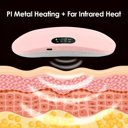 CrampRelief Pro PI metal heating plus far infrared heat technology diagram showing deep tissue penetration and cellular warming for effective pain relief