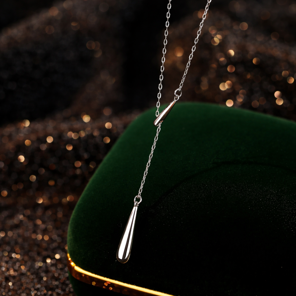Silver necklace with a teardrop pendant on a dark background