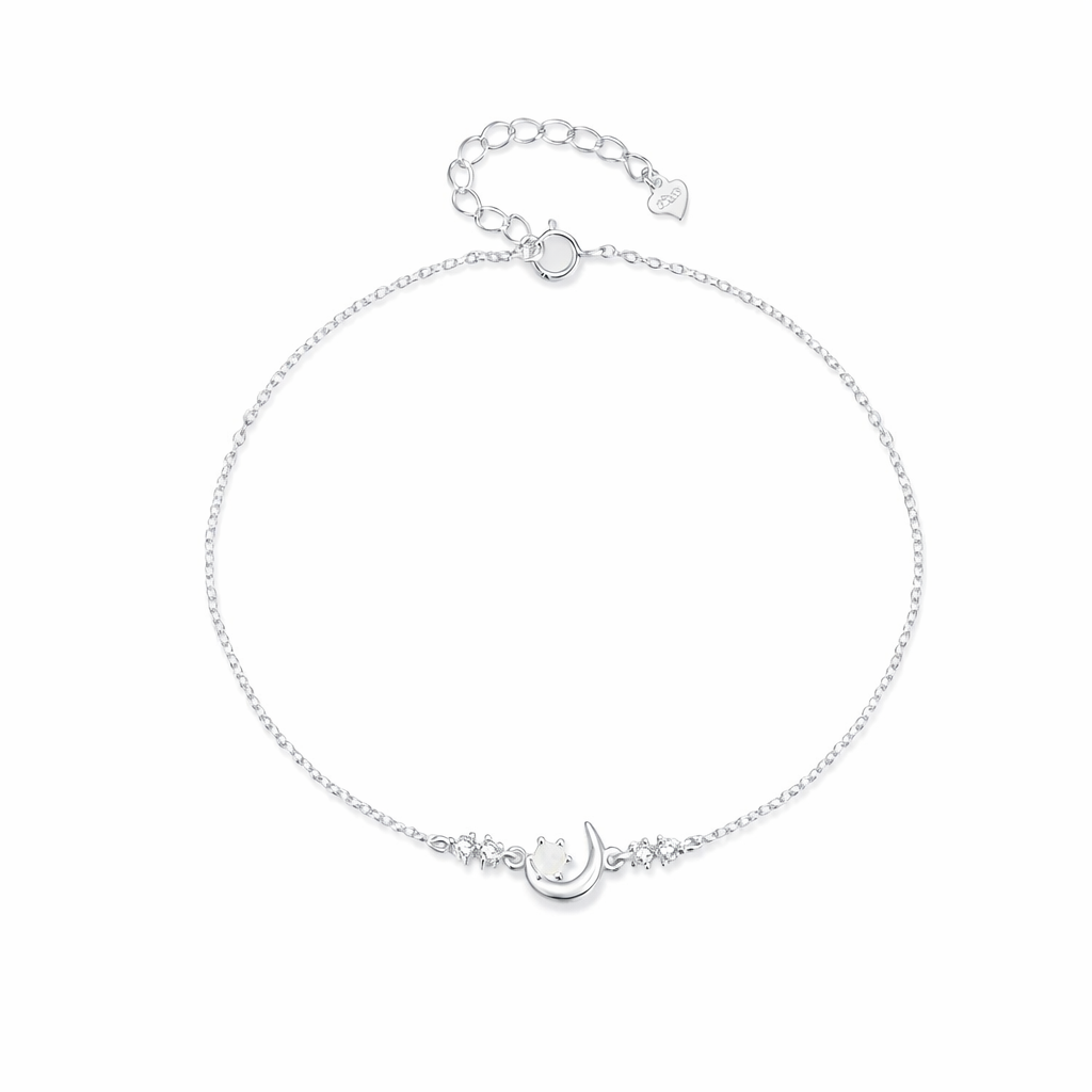 Opal Crescent Moon Anklet — S925 Sterling Silver