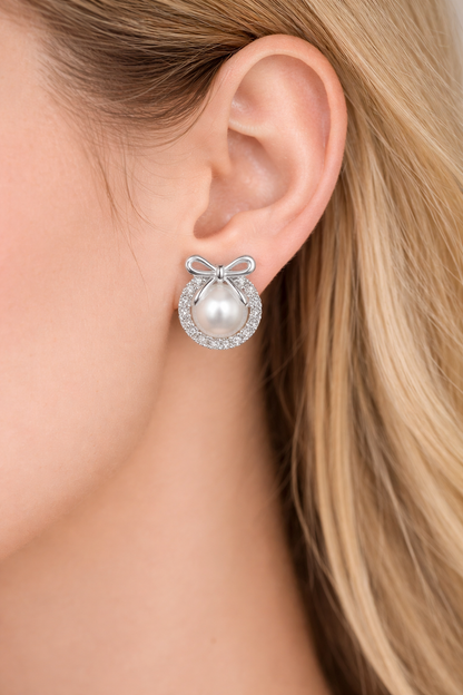 Sterling Silver Elegant Pearl Halo Bow Earrings