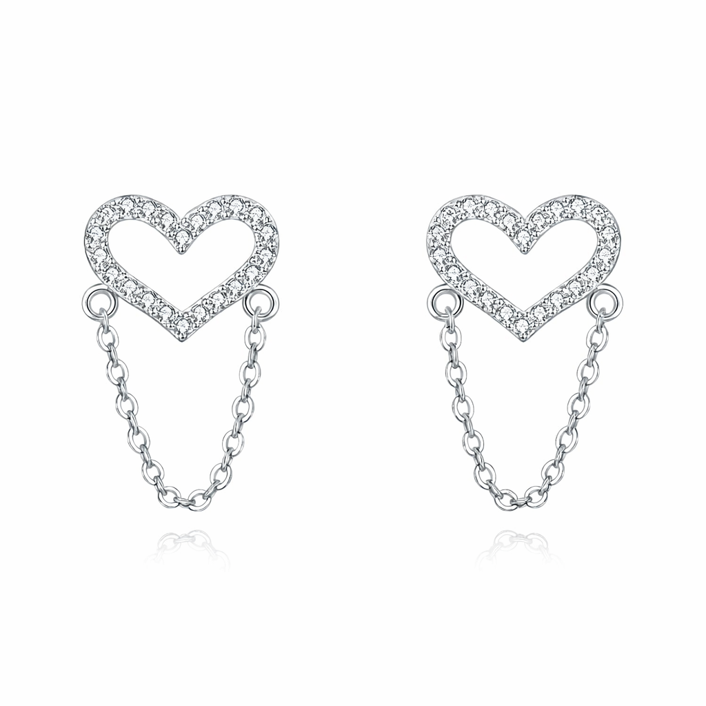 Heart-shaped earrings with chain details on a white background