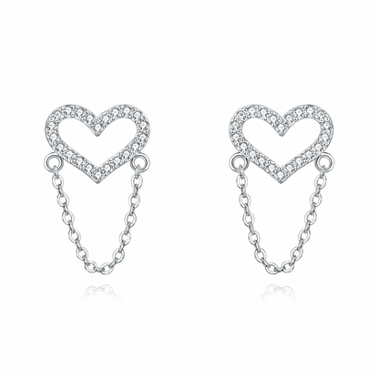 Heart-shaped earrings with chain details on a white background