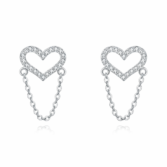 Heart-shaped earrings with chain details on a white background
