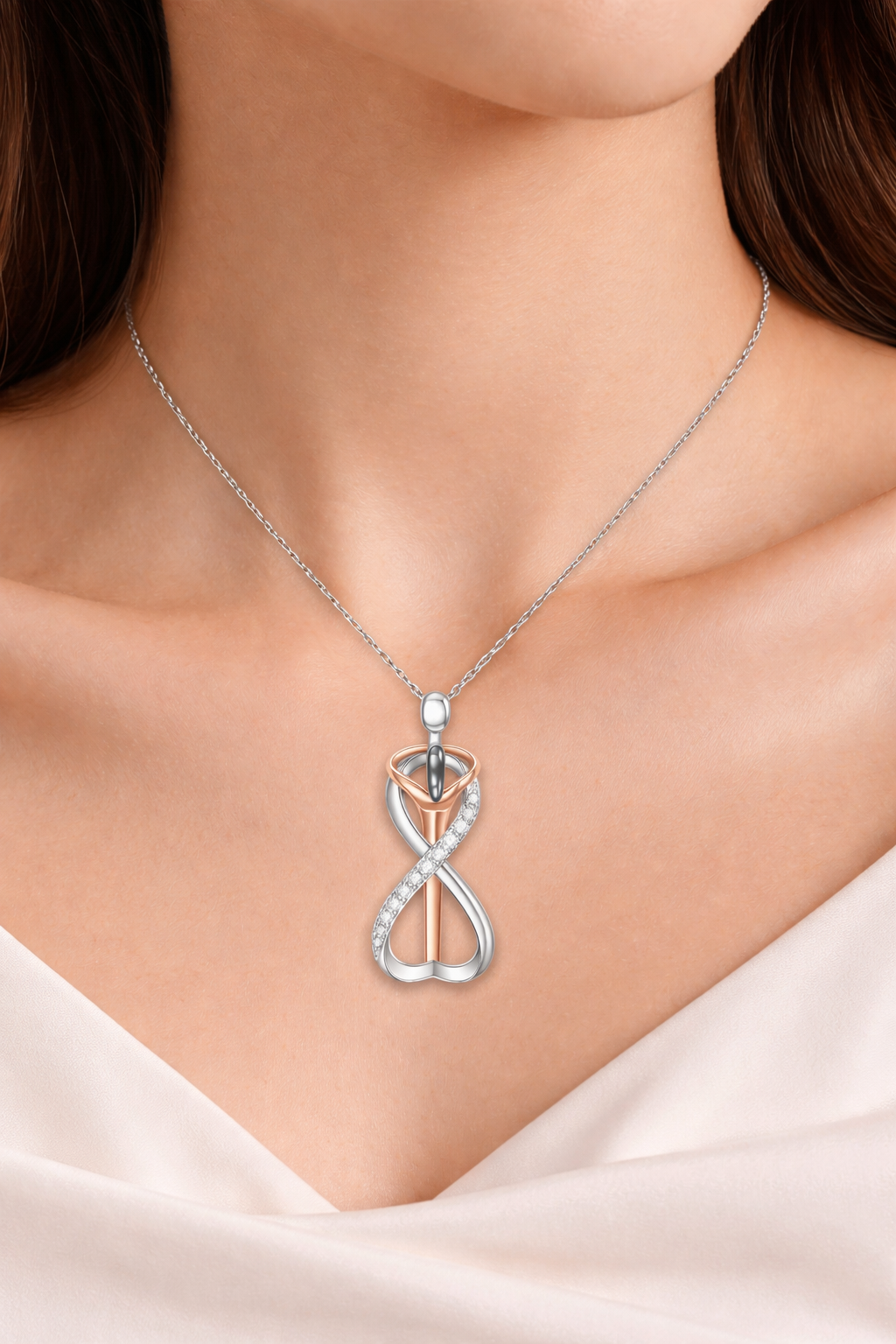 Necklace with a unique pendant worn by a person on a neutral background