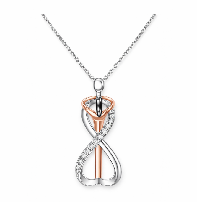Two-tone infinity pendant necklace on a white background