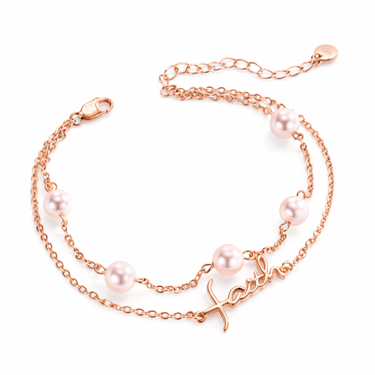 Rose gold bracelet with pink pearls on a white background