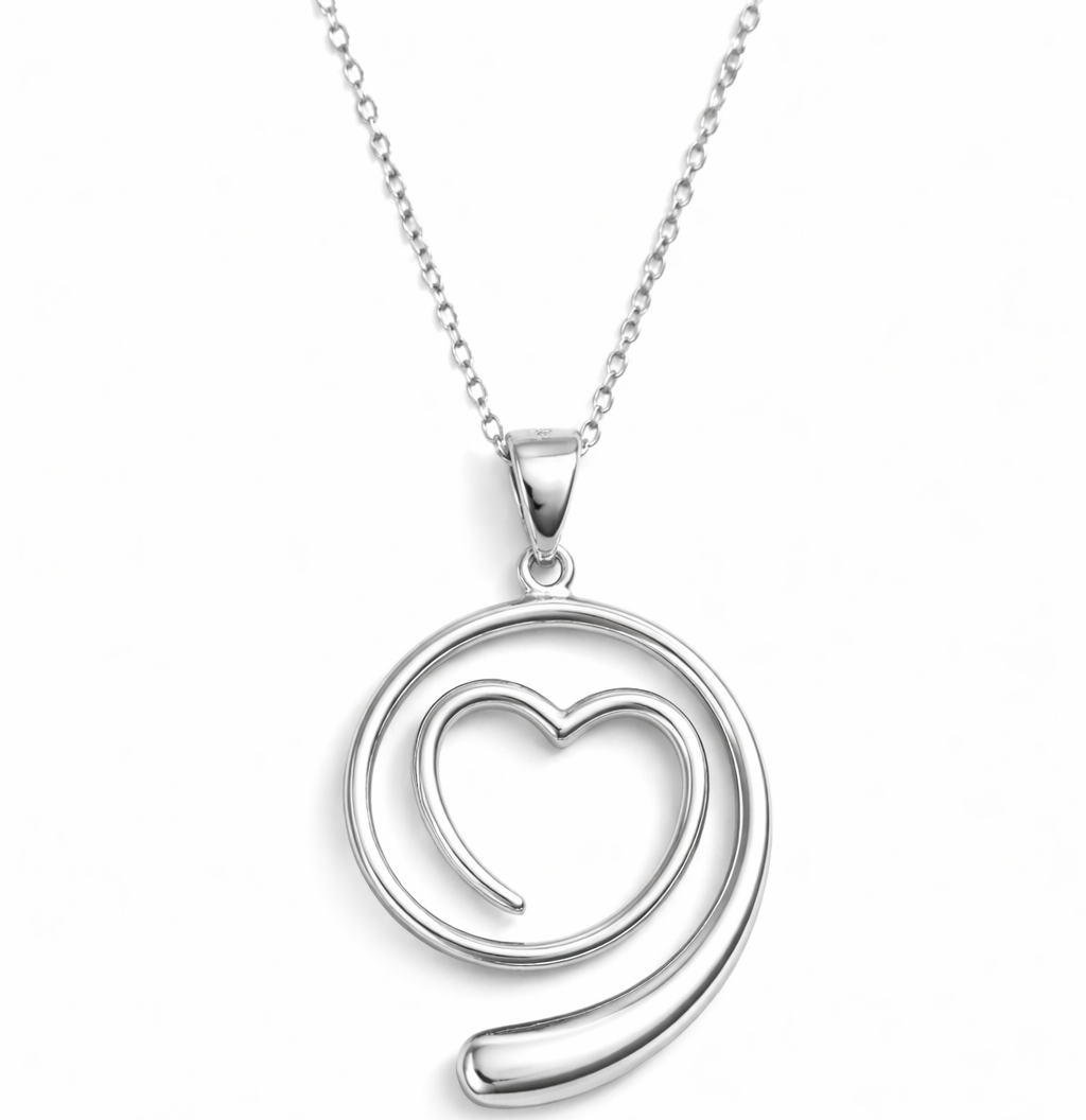 Silver necklace with a heart-shaped pendant on a white background