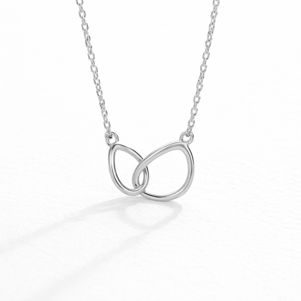 Silver necklace with a double interlocking ring pendant on a white background