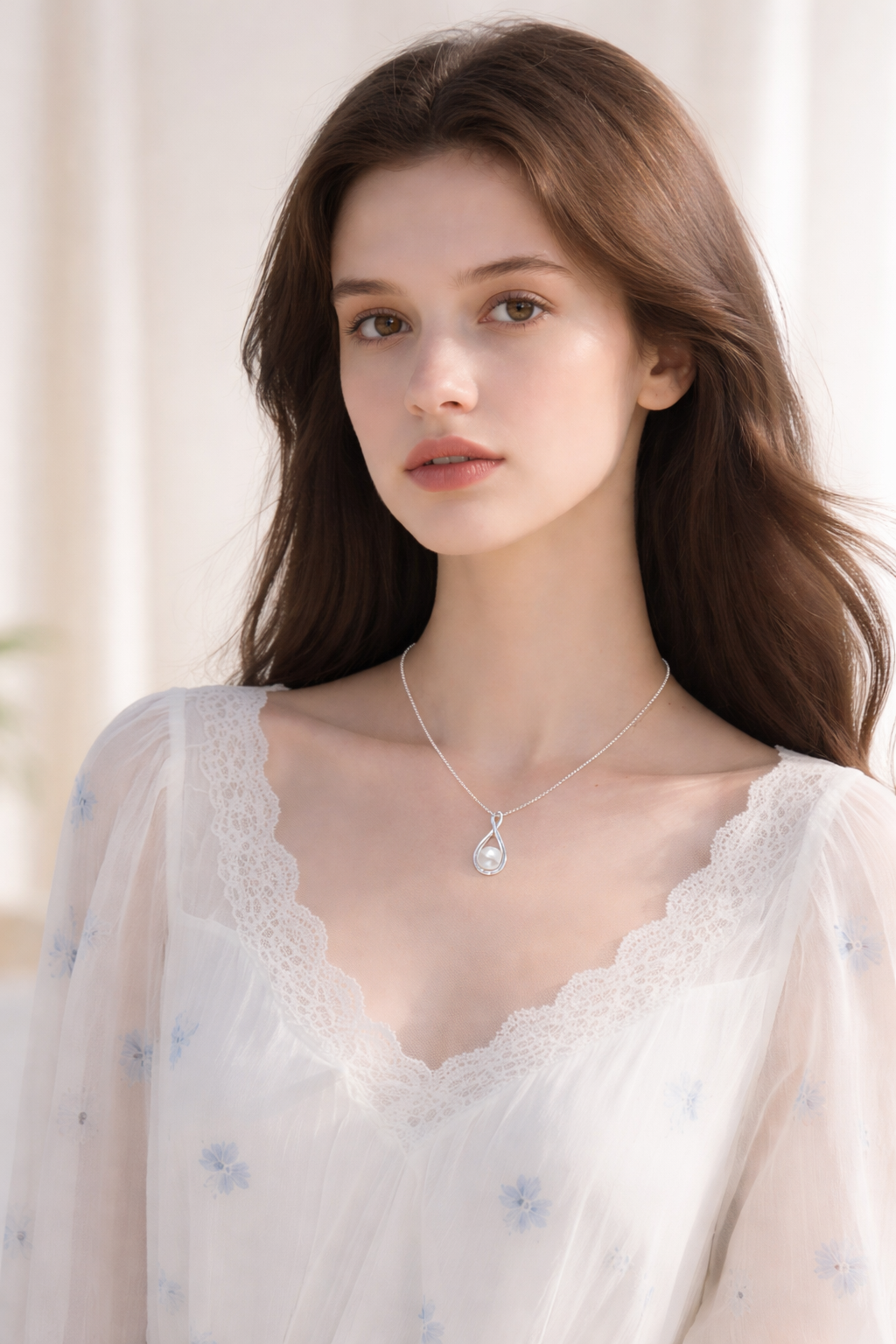 Woman wearing a delicate necklace with a soft, blurred background