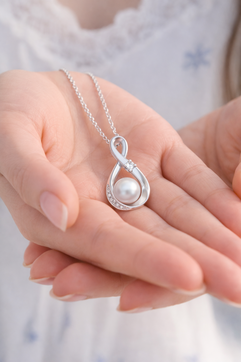 Silver necklace with a pearl pendant held in hands against a blurred background