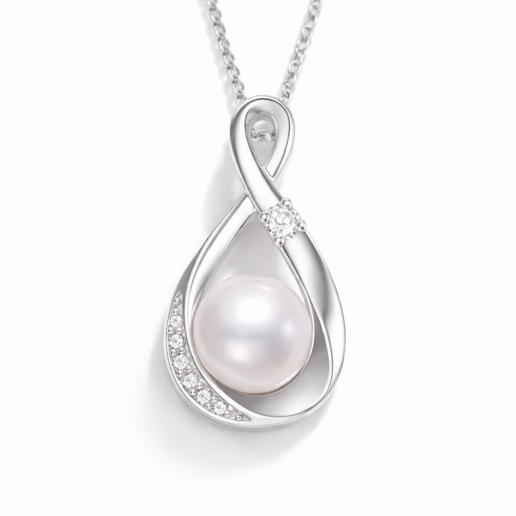 Silver pendant with a pearl on a white background