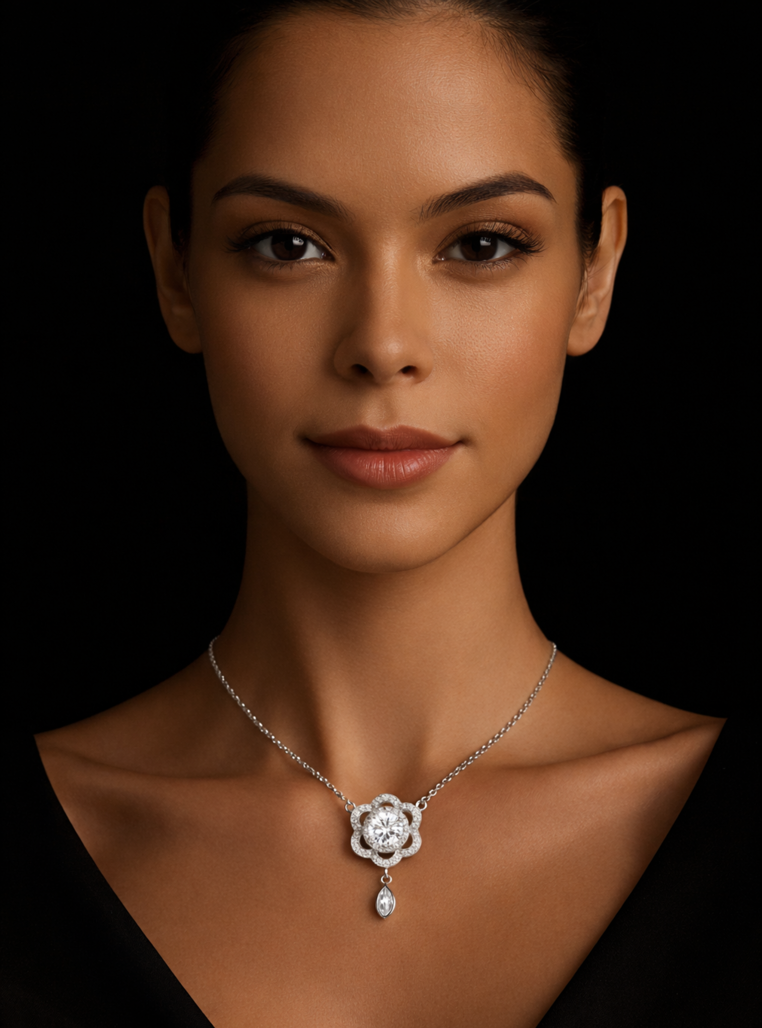 Woman wearing a silver necklace with a floral pendant against a black background