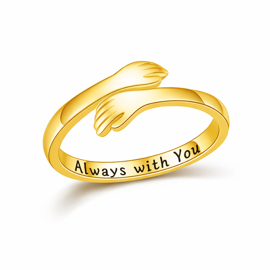 Gold ring with a bird design and 'Always with You' engraving on a white background