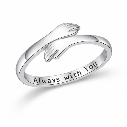 Silver ring with 'Always with You' engraving on a white background