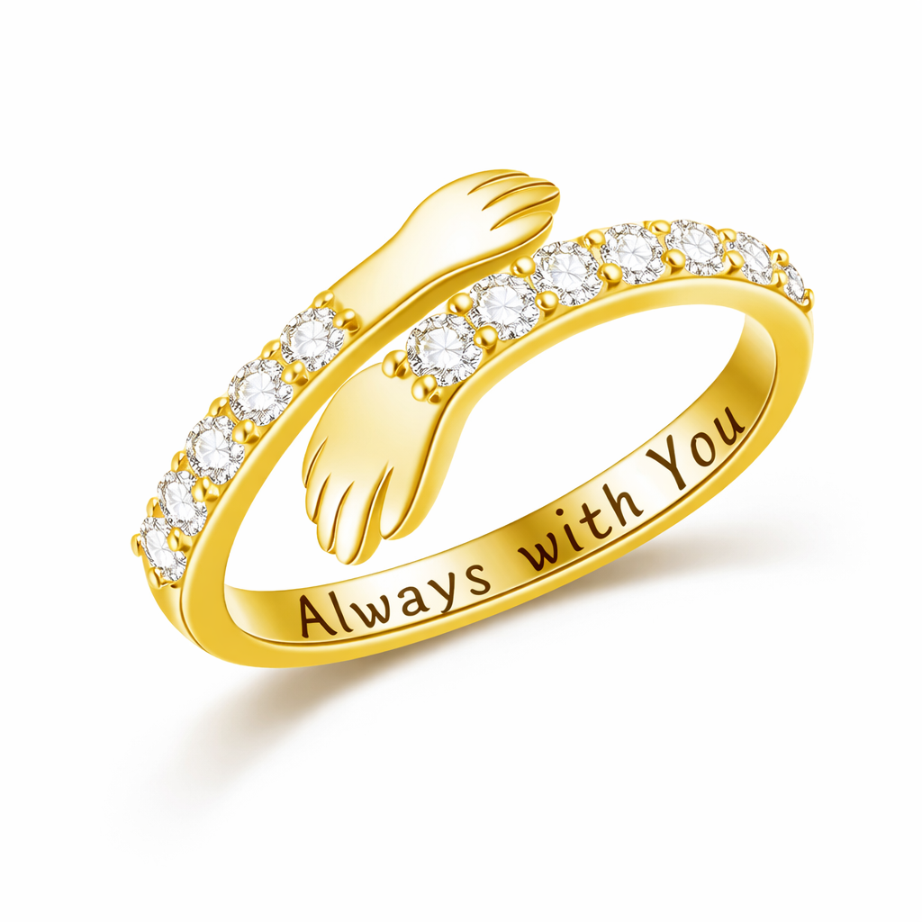 Gold ring with diamond accents and 'Always with You' engraving on a white background