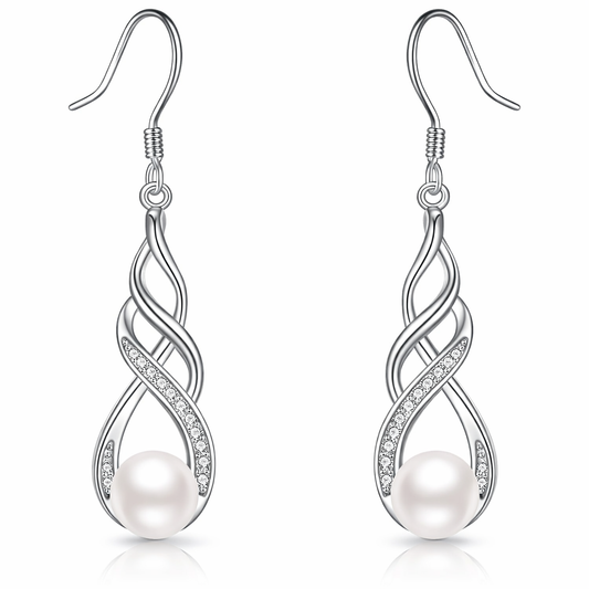 Silver earrings with pearls on a white background
