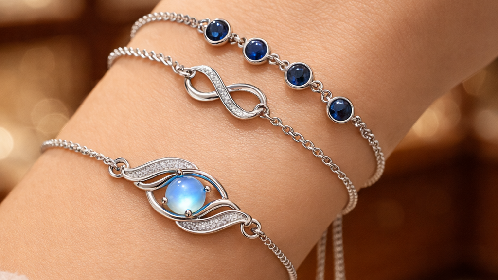 Three silver bracelets with blue gemstones on a wrist against a blurred background