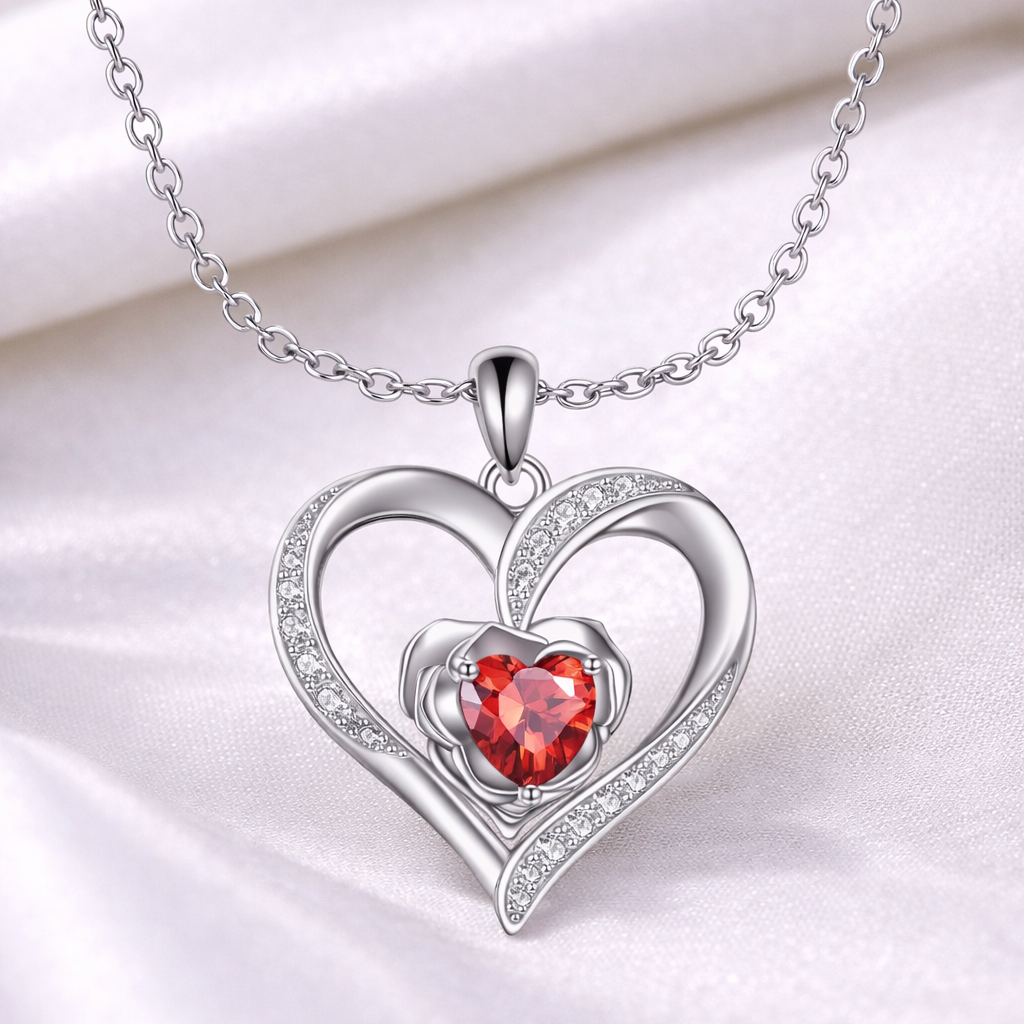 Silver heart-shaped pendant with a red gemstone on a white background