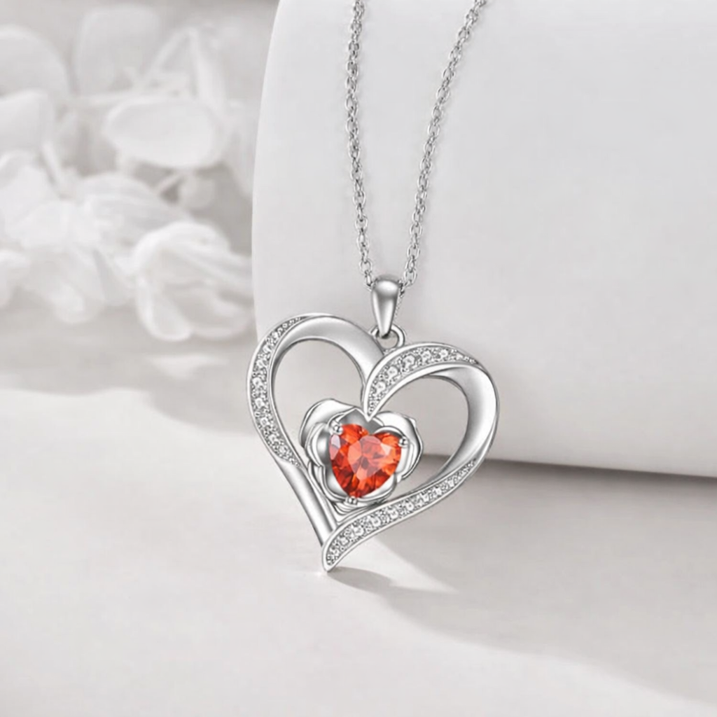 Silver heart-shaped pendant with a red gemstone on a white background